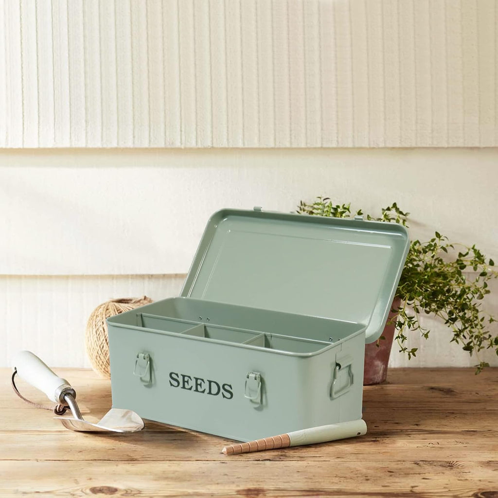 Seed Storage, Metal Seed Box, Seed Storage Organizer Box with Lid & Handle | 4 Compartments Seed Storage Box, Seed