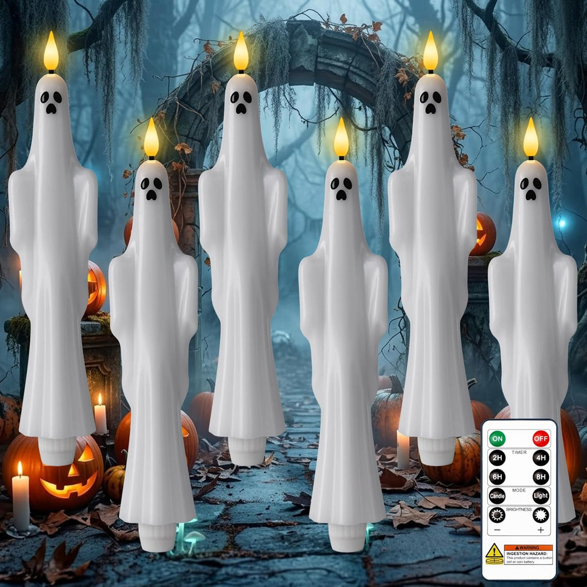 Homemory 6 Pcs Real Wax Ghost Flameless Taper Candles, 3D Wick Flickering Led Candlesticks 9.6 Inch Battery Operated with Remote & Timer, Spooky Halloween Gothic Indoor Decor