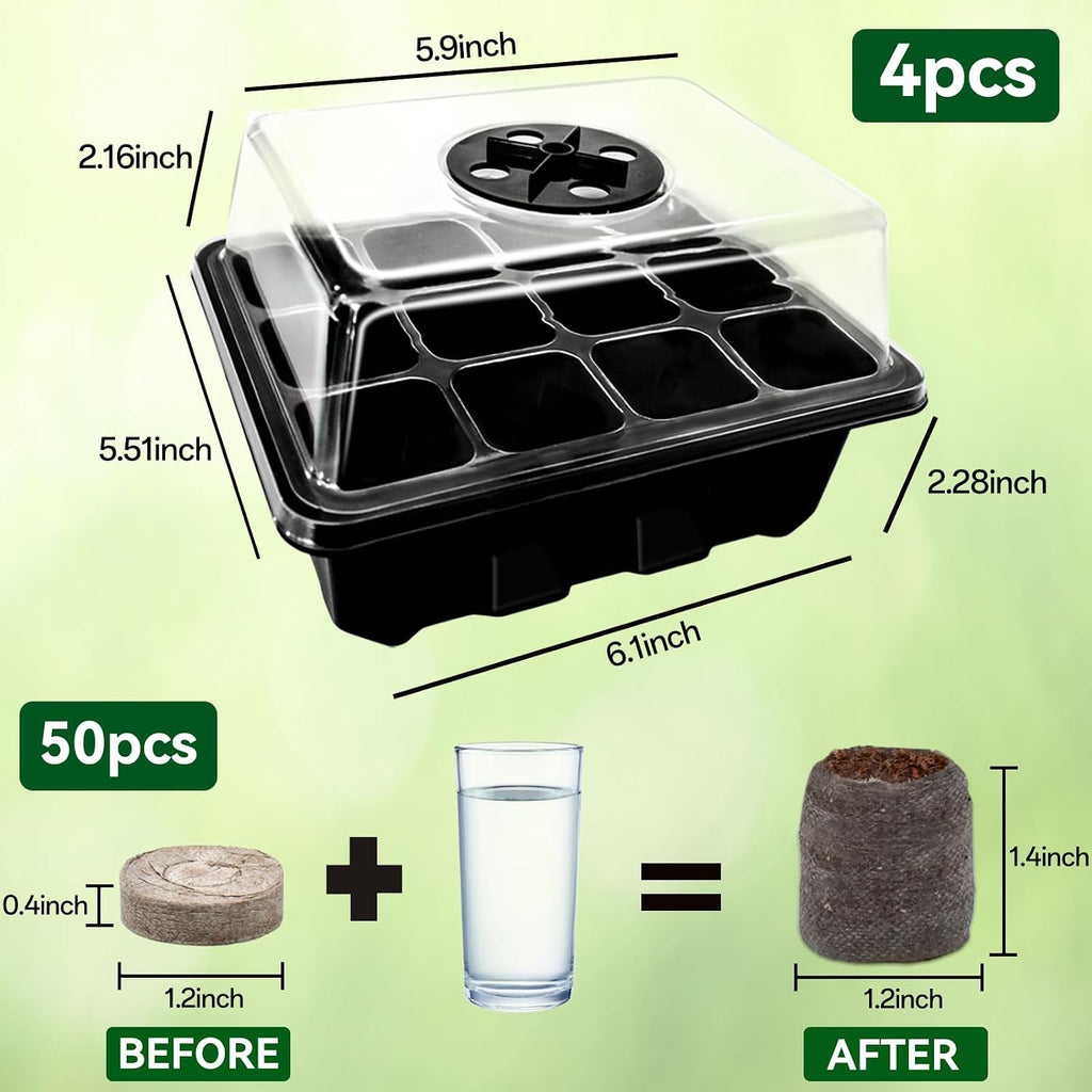 Seed Starter Tray with Peat Pellets, Black Starting Seeds Kit for Plants | 8 Trays (96 Cells) + 100 Organic Peat