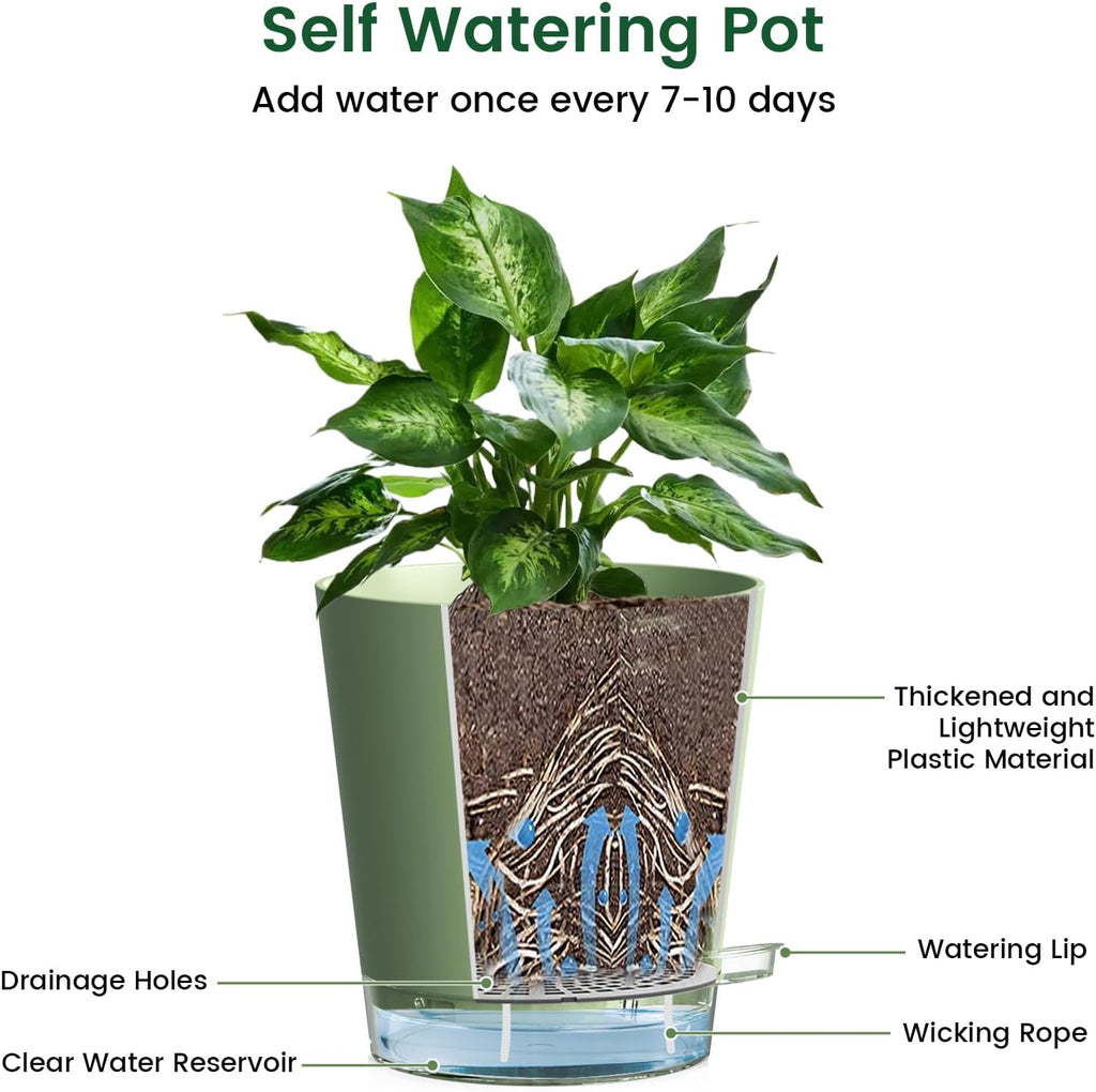 Meowell 7 inch Self Watering Pots for Indoor Plants, 5 Pack Plant Pots with Drainage Holes & Clear Reservoir for