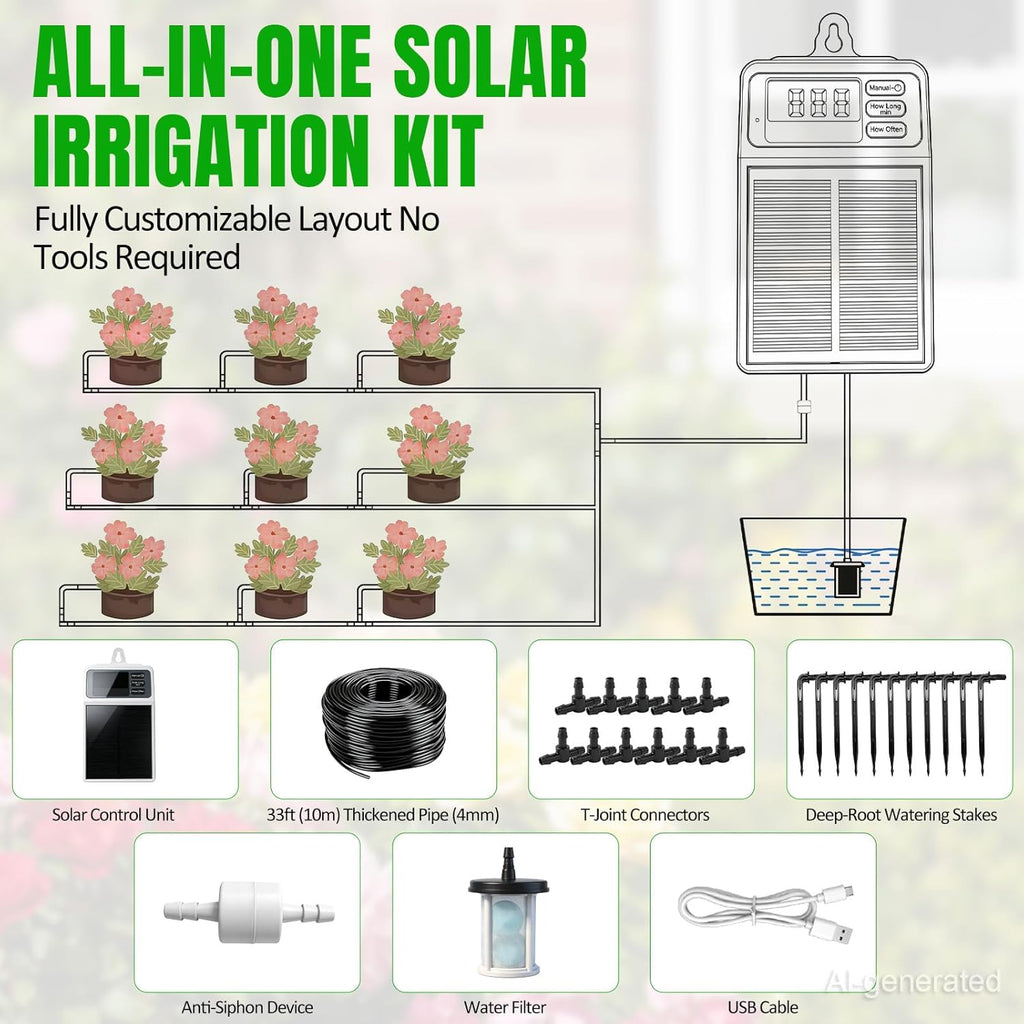 Solar Automatic Drip Irrigation System,Auto Self Watering Kit with Timer | Solar Powered Watering Device for Pots