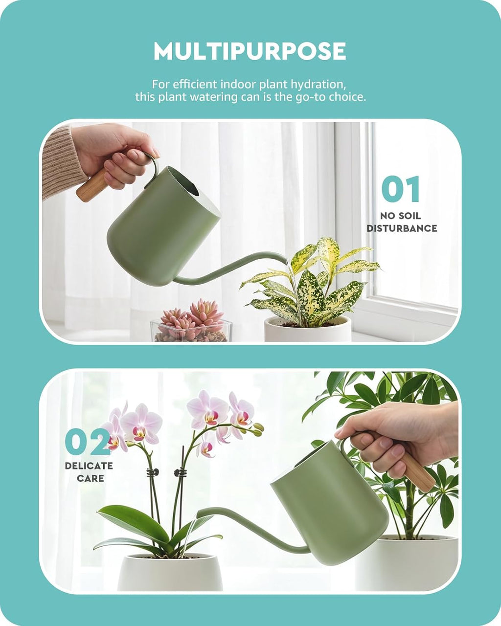 Baffect Watering Can Indoor Plants with Long Spout, 1L / 35oz (Sage Green) | Small Metal Watering Pot For Houseplant