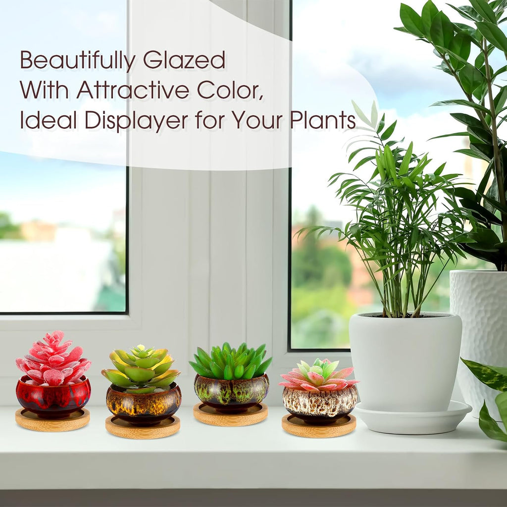 48 Pcs Ceramic Succulent Pots 2.5 Inch Small Plant Pots Indoor with Drainage and Bamboo Saucers Colorful Succulent