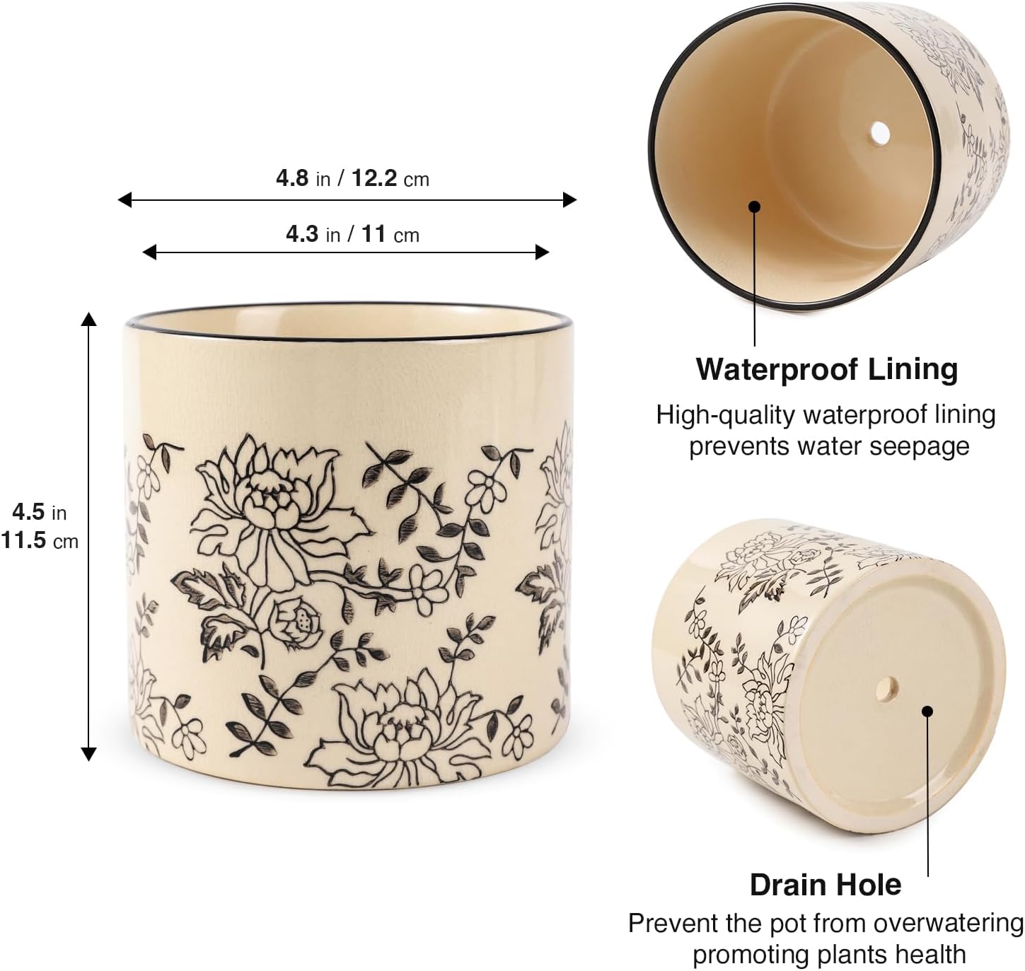 STHIE Indoor Ceramic Plant Pots with Drainage Holes, 5 Inch, Peony Design | Handmade Hand-painted Cute Planter Pots for
