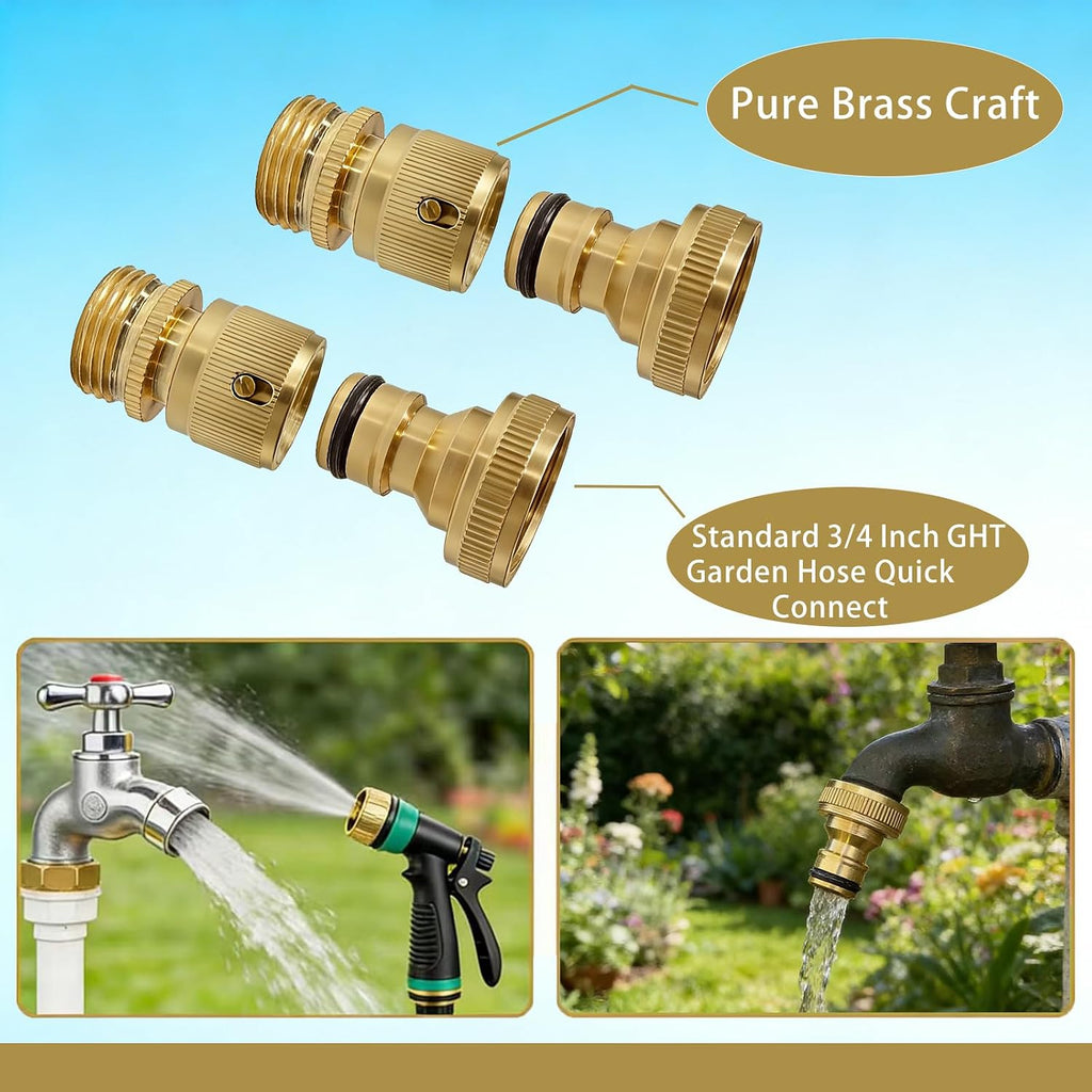 3/4 Inch GHT Solid Brass Garden Hose Quick Connect Fittings, Water Hose Connectors with Leak-Proof Seal for Outdoor
