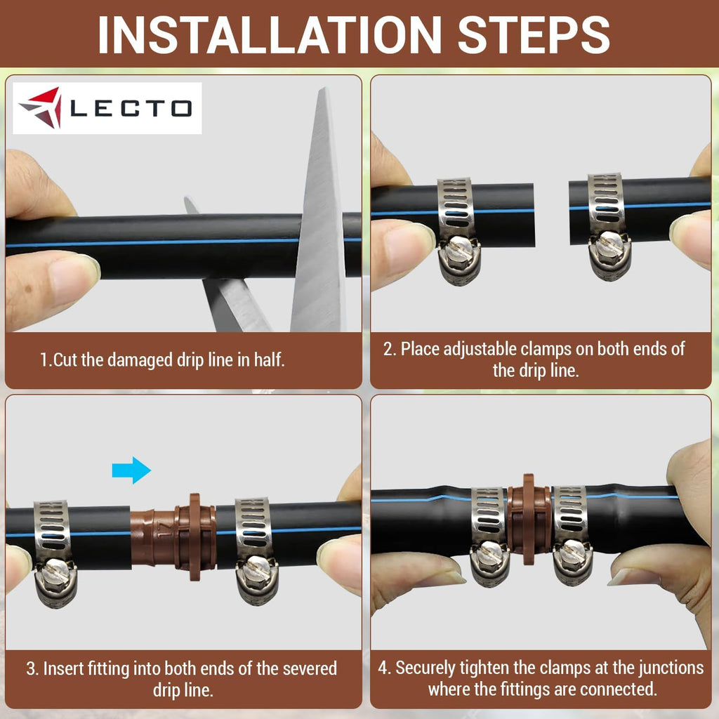 LECTO Universal 5/8", 1/2", .700" Drip Line Repair & Extension Kit – 3 Pack Plastic Couplers with 6 Stainless Steel
