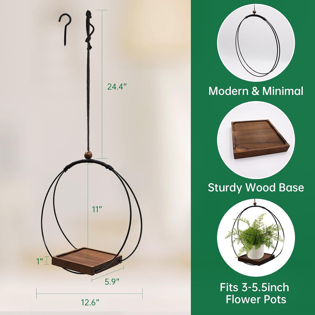 hismocal 2 Pack Hanging Planter for Indoor Plants, Black Plant Hanger with Sturdy Wood Base, Modern Boho Macrame