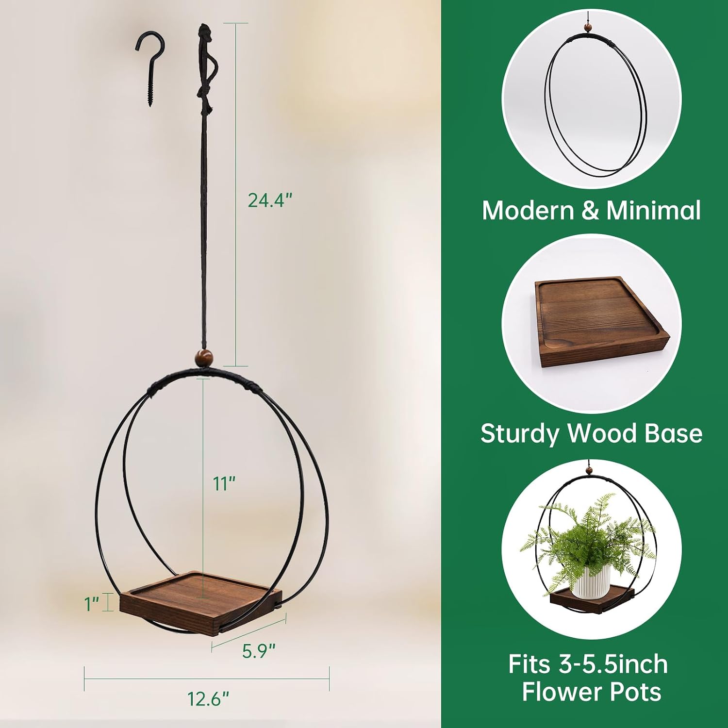hismocal 2 Pack Hanging Planter for Indoor Plants, Black Plant Hanger with Sturdy Wood Base, Modern Boho Macrame