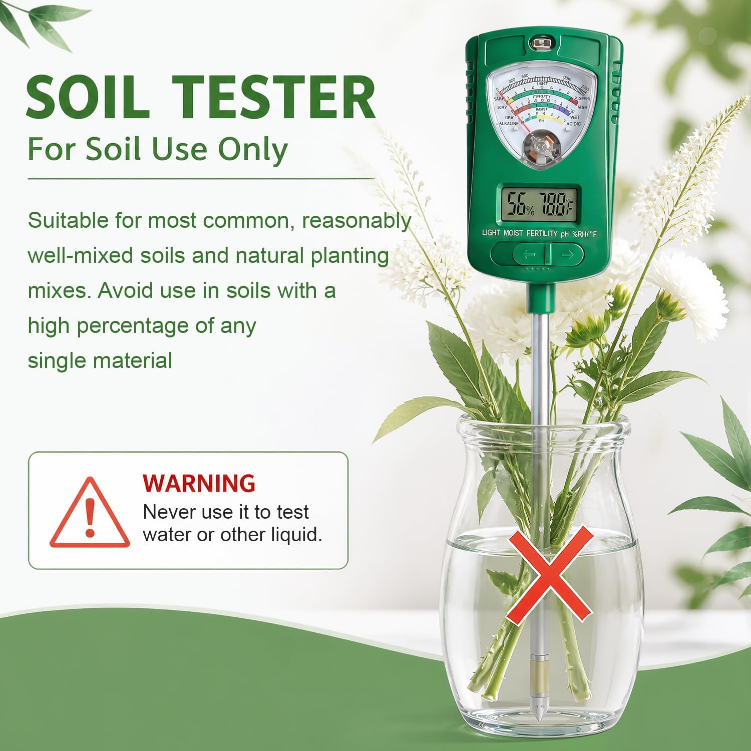 7-in-1 Soil Test Kit with 90° Rotatable Head, Soil Tester for Moisture/pH/Light Intensity/Fertility, Digital Screen for