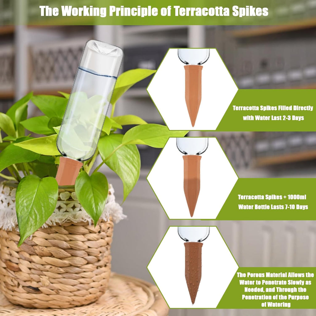 8 Pcs Plant Watering Devices Terracotta Self Watering Plant Spikes and Plastic Bottles, Automatic Terra Cotta Watering