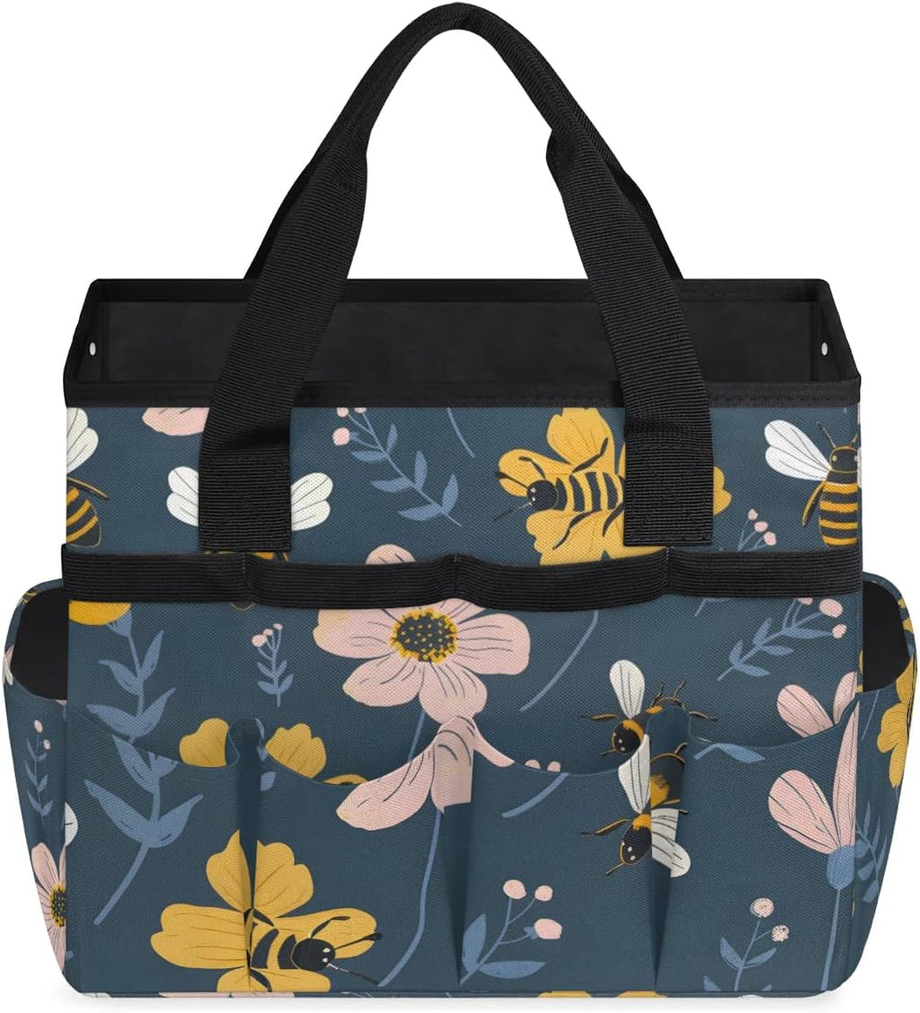 Garden Tote Bag with Pockets Bee Flower Gardening Bags for Tools Organizer Heavy Duty Storage Bag with Handle for Lawn