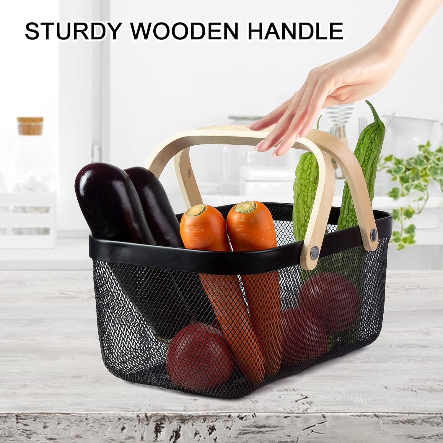 Portable Garden Harvest Basket-Mesh Design Natural Bamboo Handle Wire Storage Baskets,Mesh Basket with Handle Organize
