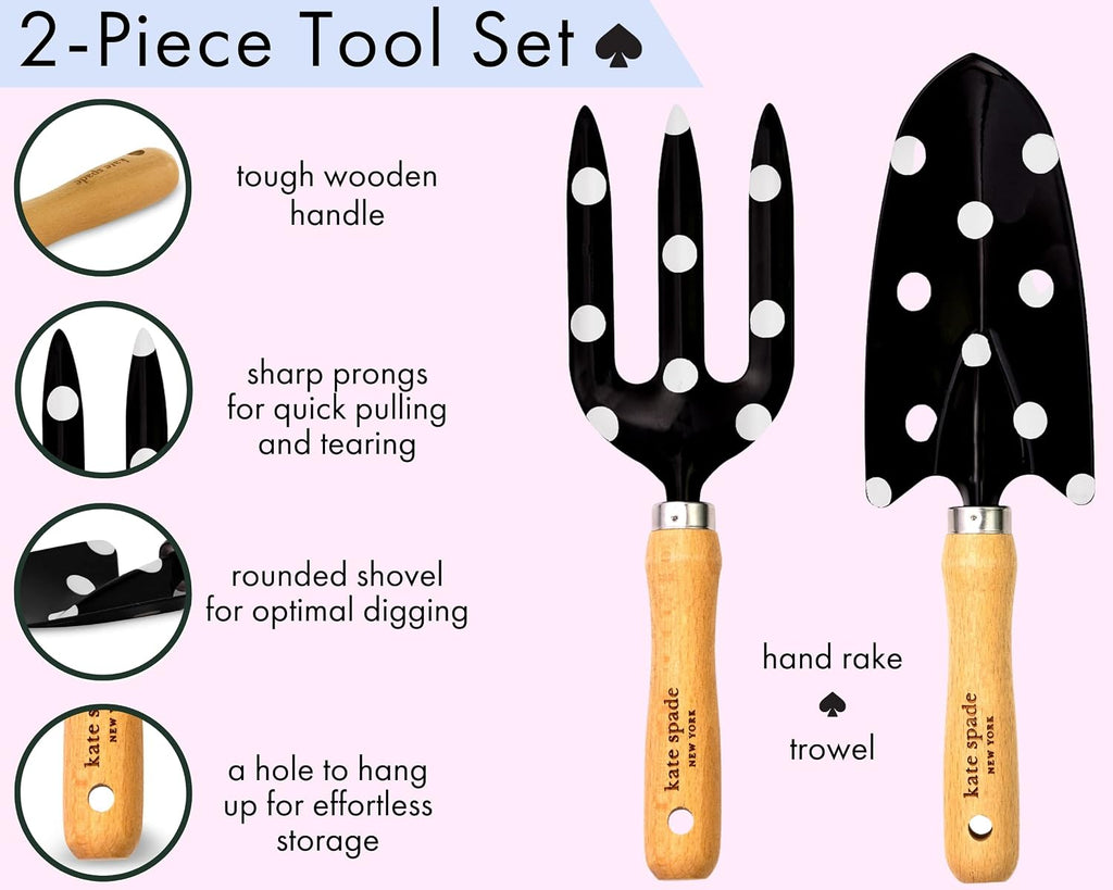 kate spade new york 2 Piece Garden Hand Tool Set, Picture Dot | Gardening Metal Hand Tools with Wooden Handles, Cute