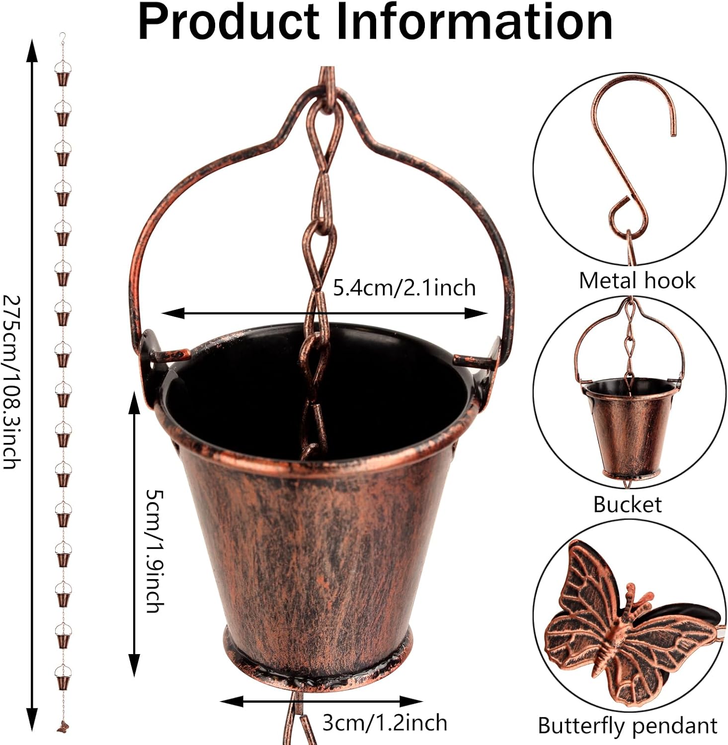 Rain Chain for Outside with Adapter,Wrought Iron Rain Chains 9 FT Set,Rain Chains Gutter with Brown Rain Chain 16 Cup