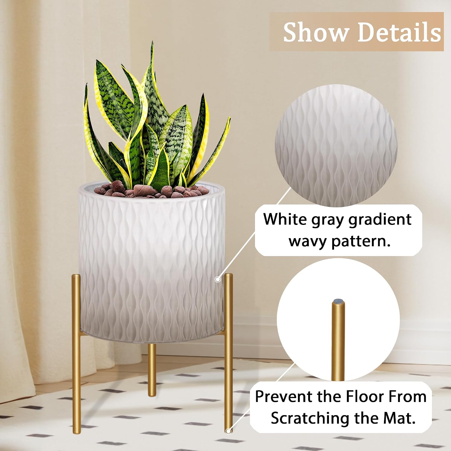 ARNIS Plants Pots with Stand, Set of 2 Indoor Planter Pots, Unique Mid Century Decorative Metal Flower Pots with