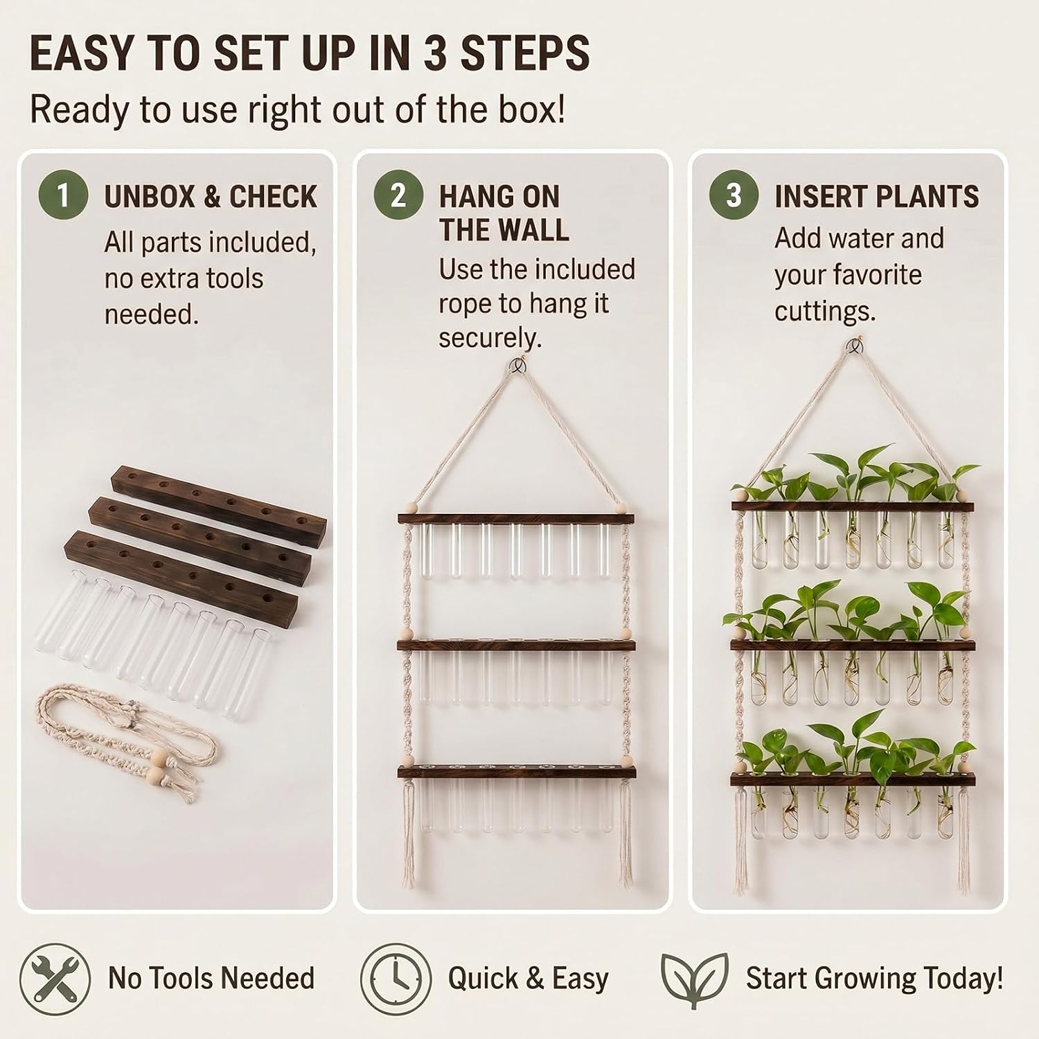 Hushee 3 Tiered Macrame Plant Propagation Station Wall Hanging with Wooden Stand and 21 Tubes, Planters Wall Hanging