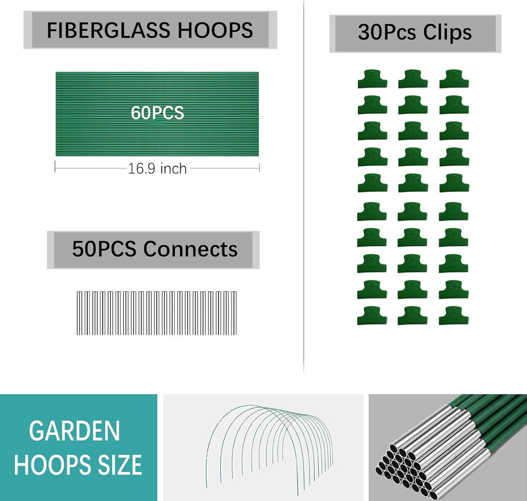 Garden Hoops for Raised Beds 60 Pcs, 10 Sets of 8FT Long Greenhouse Hoops Grow Tunnel Rust-Free Fiberglass Support
