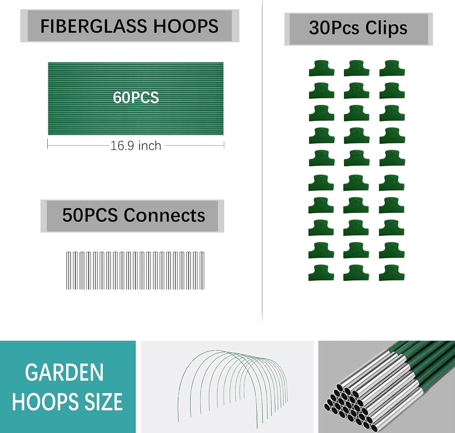 Garden Hoops for Raised Beds 60 Pcs, 10 Sets of 8FT Long Greenhouse Hoops Grow Tunnel Rust-Free Fiberglass Support
