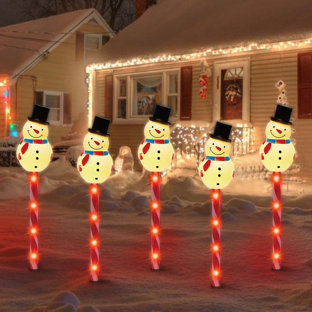 LAMPHOME Christmas Pathway Lights Outdoor, Set of 5 Snowmans Christmas Decorations Outdoor Yard, 15inch Pathway Marker Stake Lights for Patio Ground Path Sidewalk Walkway Driveway