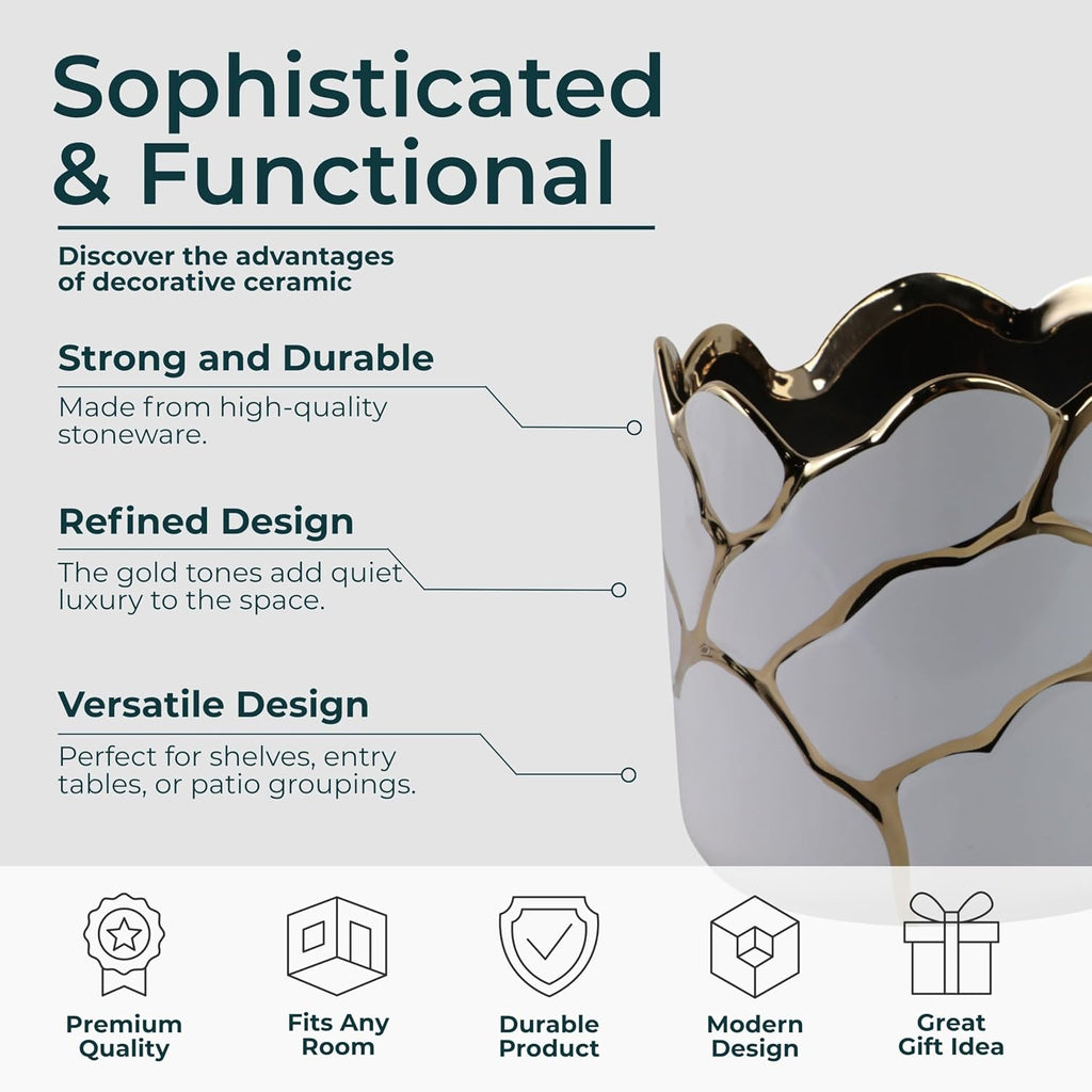 Set of 2 Plant Pots for Indoor Plants – Ceramic Planters with Gold Accents, Decorative Pots for Home Decor, Modern