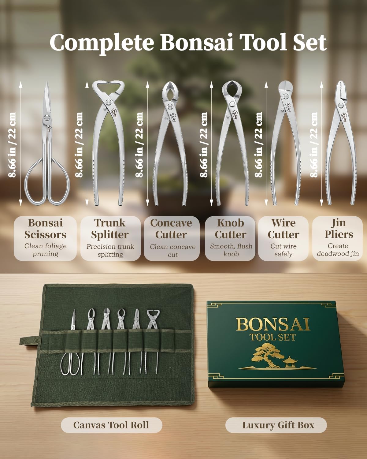 6-Piece Bonsai Tools Set with Tool Roll Bag and Luxury Gift Box | Heavy Duty Bonsai Tree Kit, Include Concave Cutter