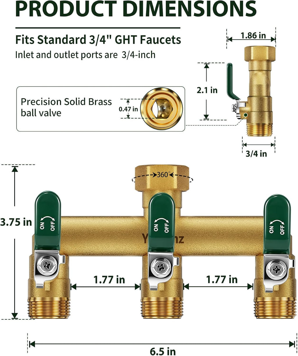 3 Way Garden Hose Splitter, 3/4" GHT Full Flow Hose Splitter | One-Piece Heavy Duty Full Brass Body with Shut-off