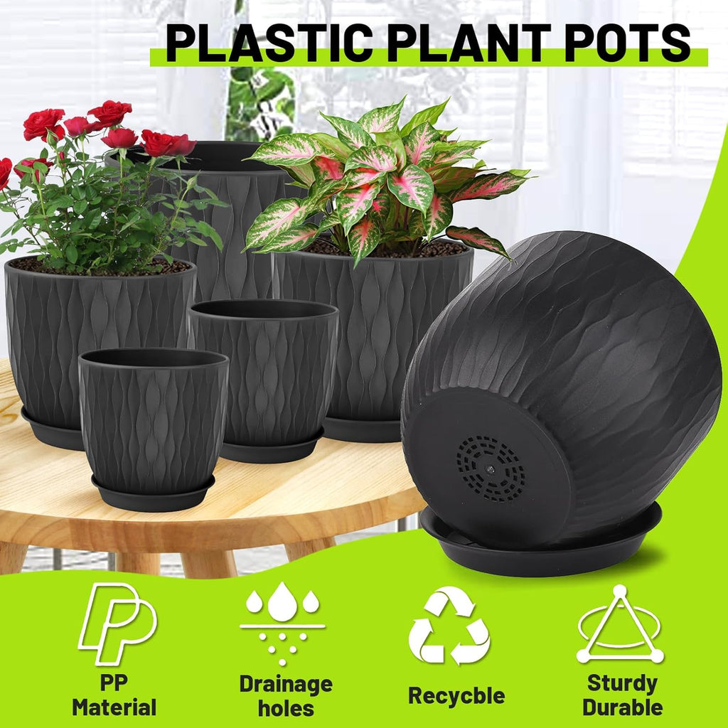 Plastic Plant Pots 10/9/8/7.5/7 inch Set of 5, Flower Planters with Drainage Holes and Saucers, Plastic Pots for Indoor