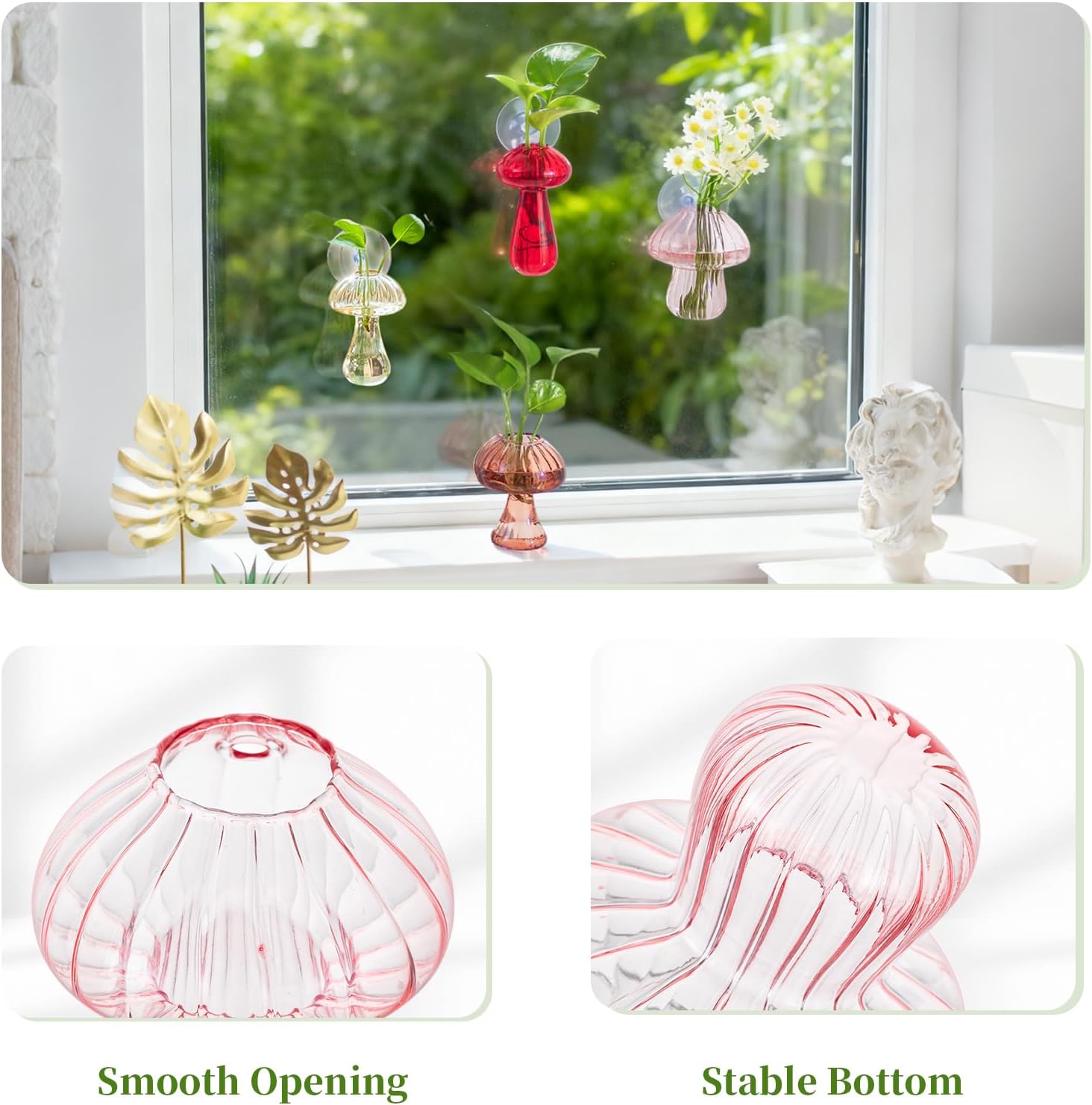 Glasseam Window Plant Propagation Station: 4Pcs Glass Hanging Mushroom Vase | With Suction Cup, Colorful, Cute