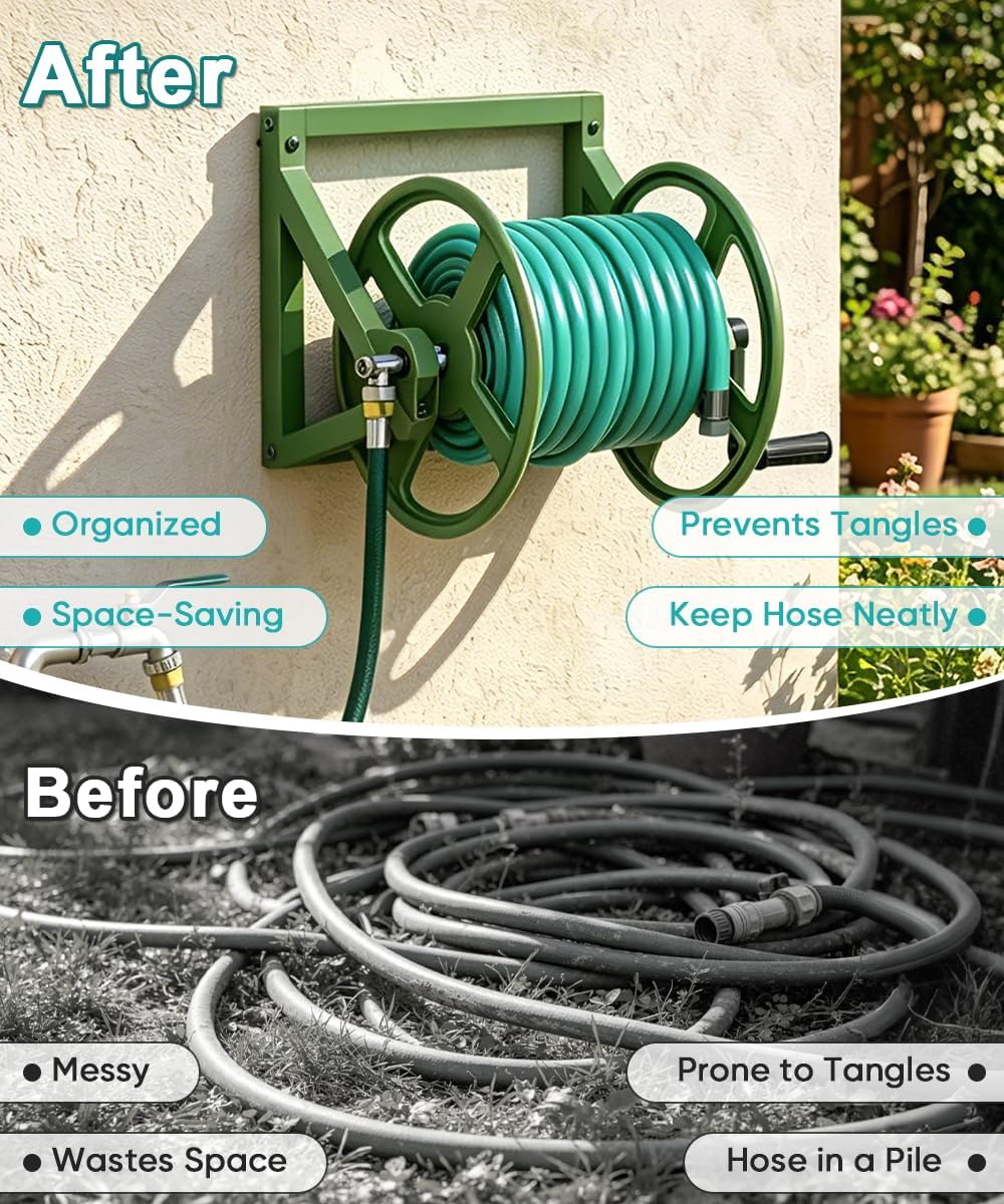 Garden Hose Reel Wall Mounted, Outdoor Heavy Duty Powder Coated Metal Water Hoses Holder Winder Holds 125 ft 5/8" Hoses