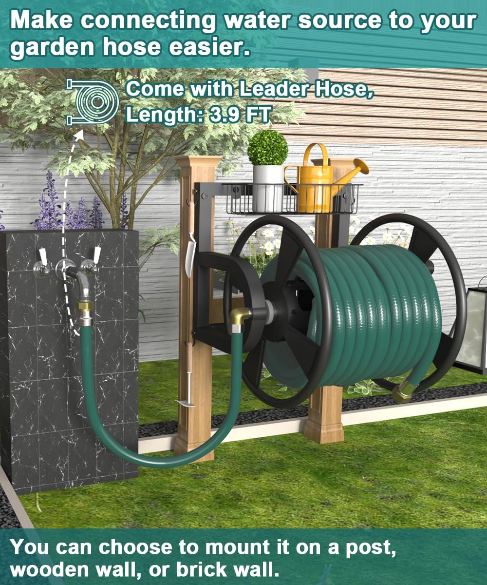 Outdoor Wall Mounted Hose Reel with Hook, Garden Heavy-Duty Water Holder Winder with 3.9 ft Leader Hoses, Brass Fitting