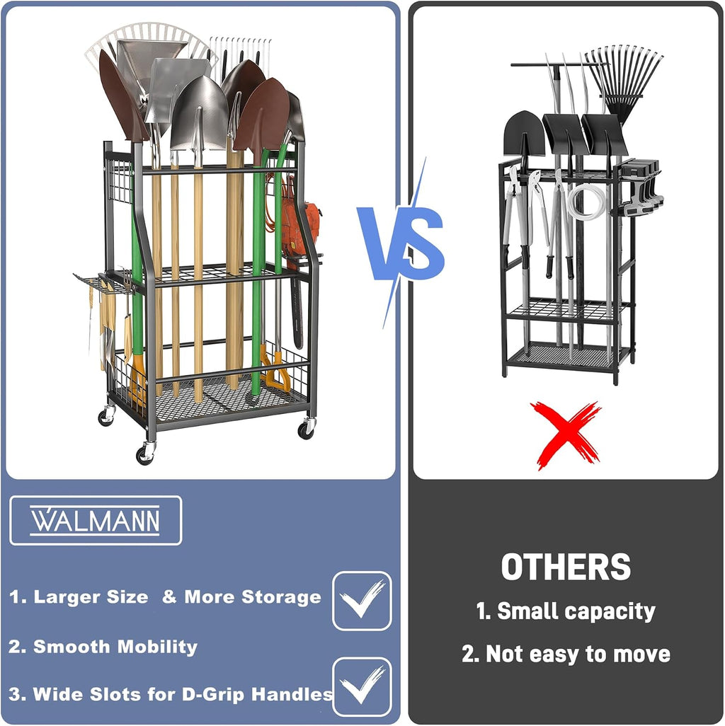 WALMANN Garden Tool Organizer with Wheels for Garage, Rakes/Shovels/Yard Tools Storage Stand for Garden, Shed