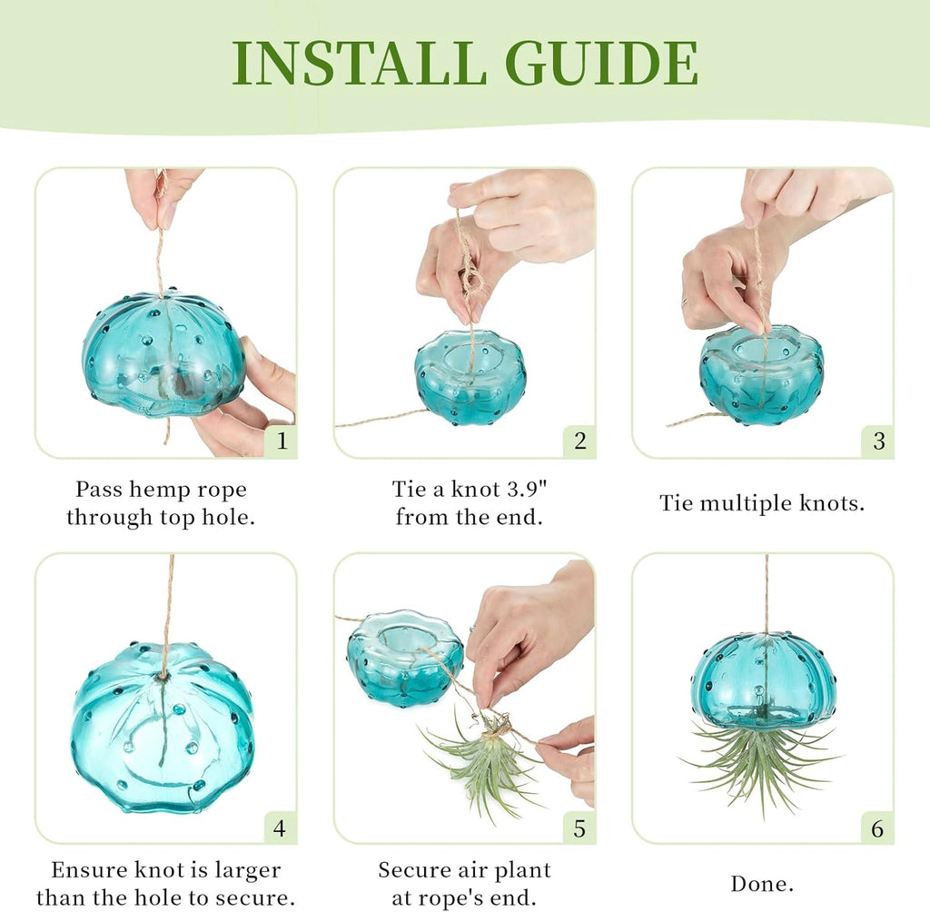 Glasseam Glass Jellyfish Decor, 3 Pcs Hanging Air Plant Holders with Jute | Tillandsia Houseplants Display, Ocean Blue