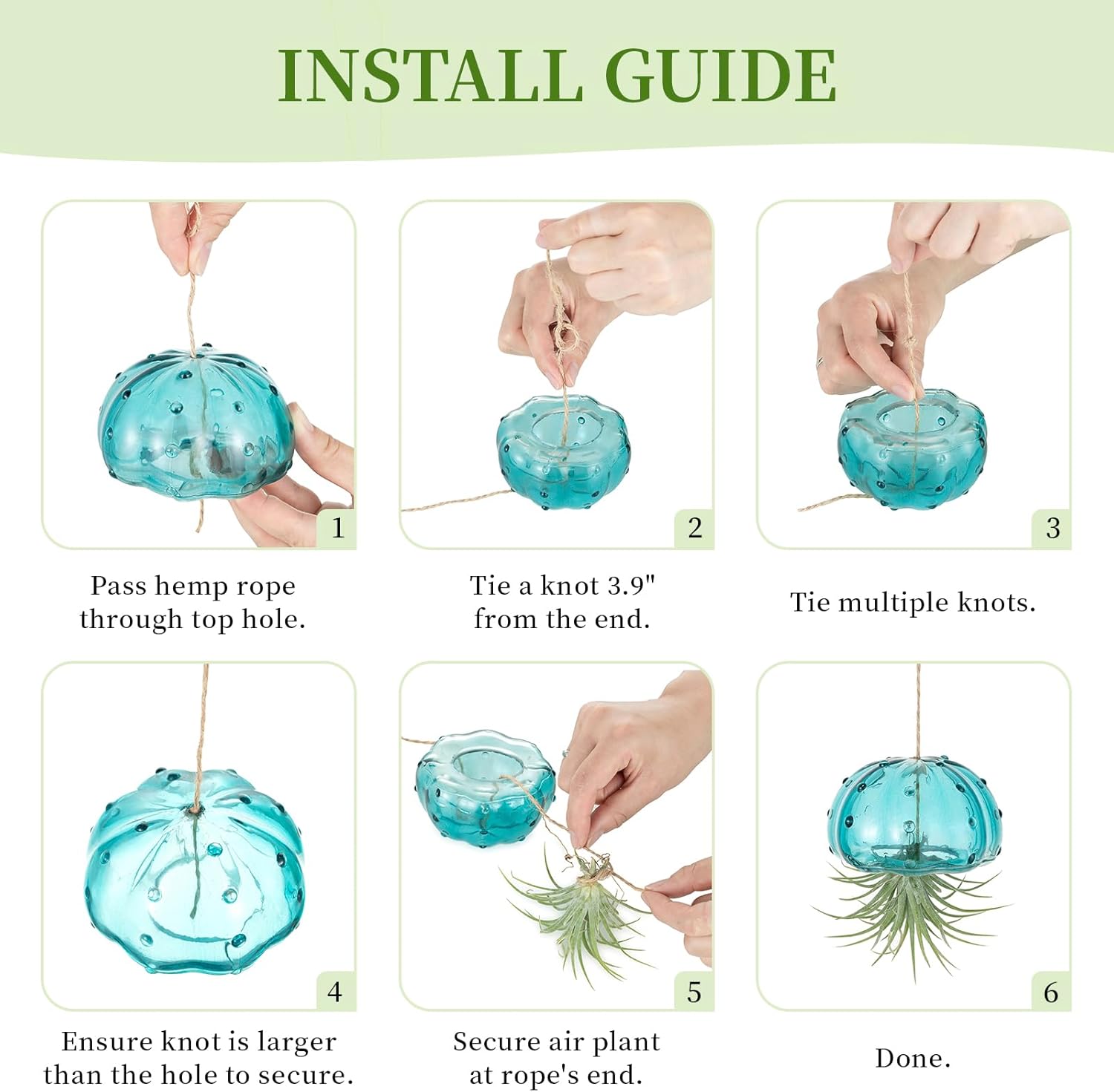 Glasseam Glass Jellyfish Decor, 3 Pcs Hanging Air Plant Holders with Jute | Tillandsia Houseplants Display, Ocean Blue