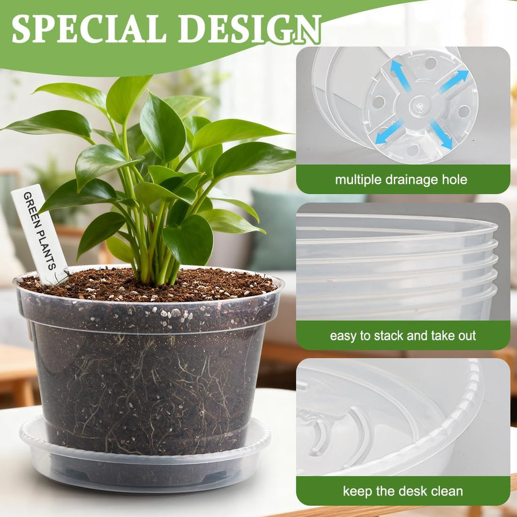 10/8/6 Inch Clear Plant Pots with Drainage Hole 12 Pack, Transparent Sturdy Plastic Nursery Pots with Saucers, Plant