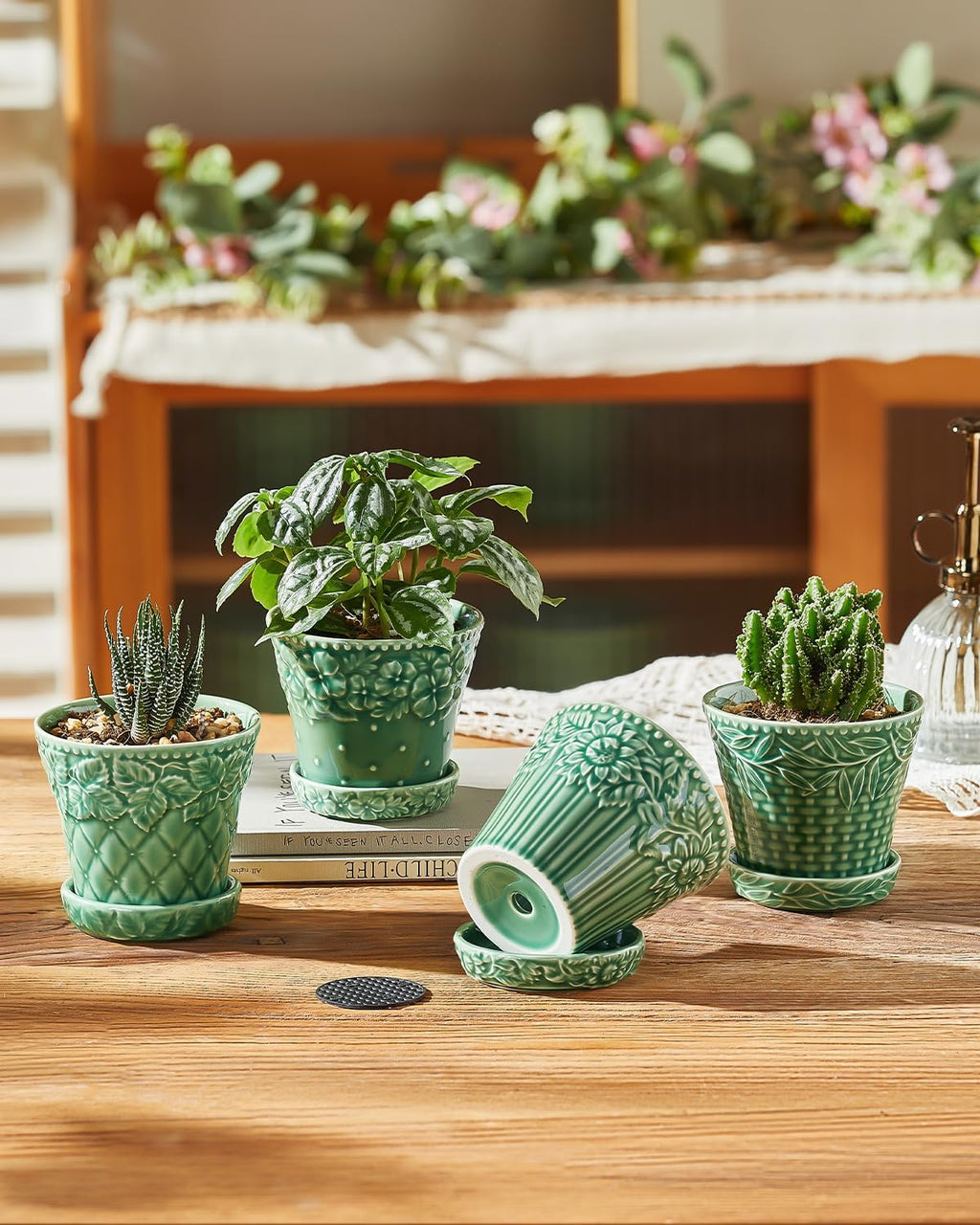 Metahom Succulent Ceramic Pots, 3.8 Inch Small Plant Pots with Drainage Hole & Saucer, Flower Planter Pot for Indoor