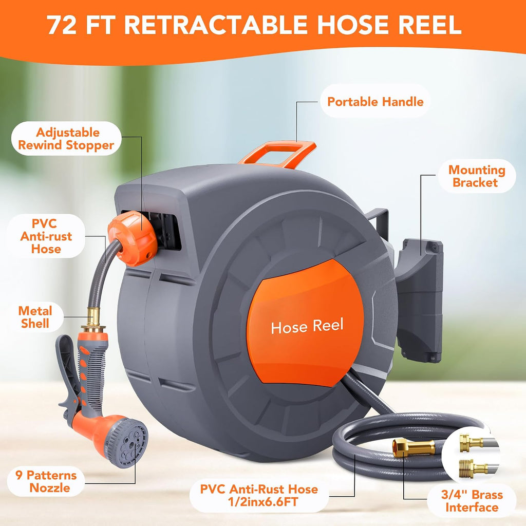 GAOMON Retractable Garden Hose Reel - 1/2 in x 72 ft, Wall Mounted, 9-Function Sprayer, Any Length Lock, 180° Swivel