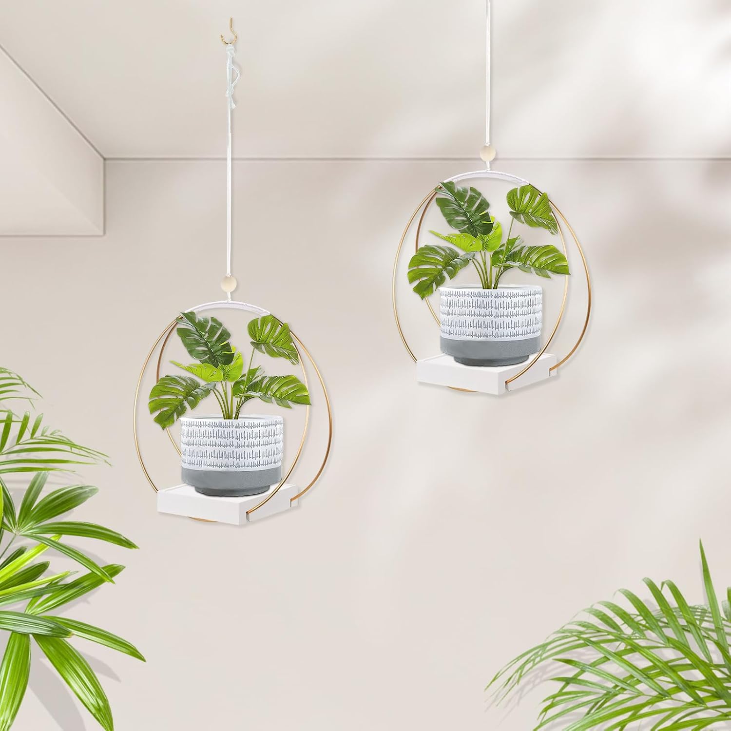 hismocal 2 Pack Hanging Planter Holder for Indoor Plants, Plant Hanger with Sturdy Wood Base,Modern Boho Macrame Wall