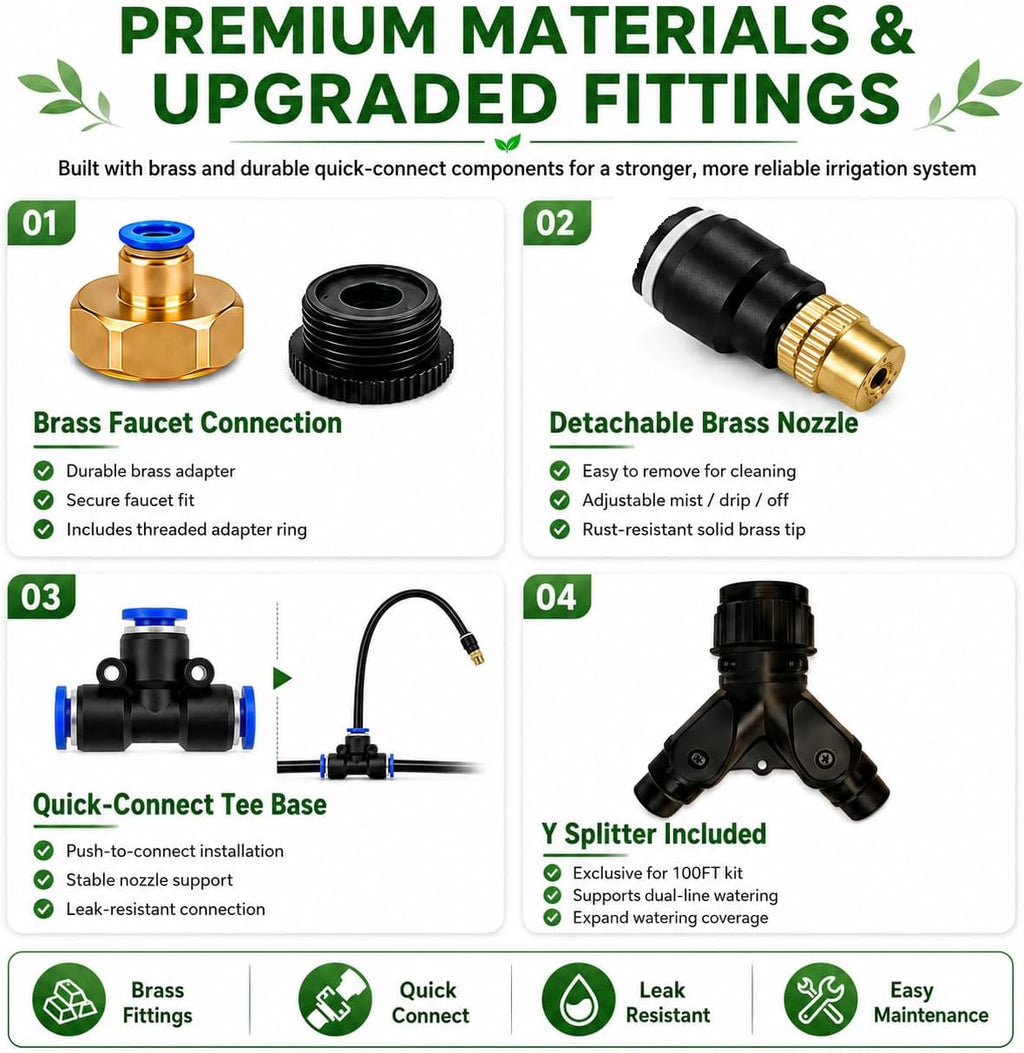 100FT 5/16" Garden Watering Kit with 32 Brass Nozzles & Y Splitter | 32 brass nozzles, 5/16" tubing, brass faucet