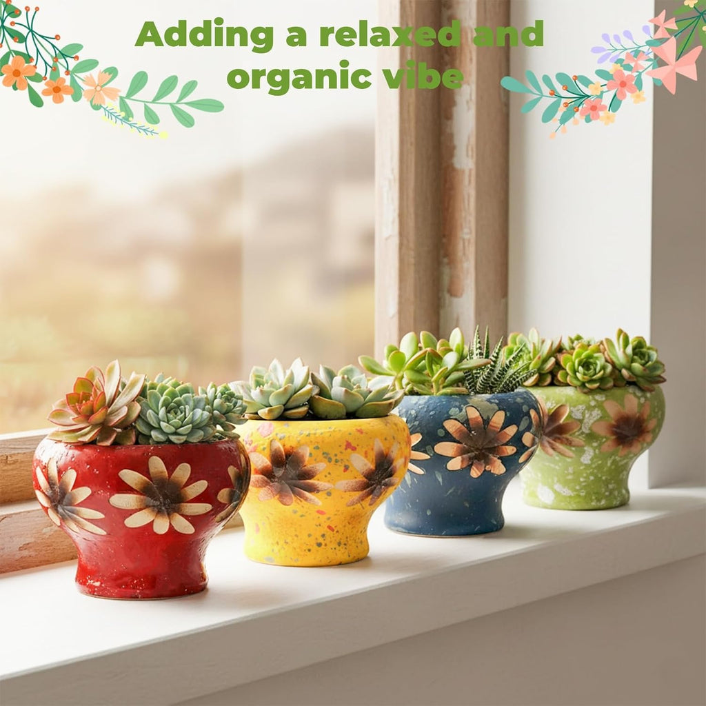 4 Inch Small Succulent Planters, Set of 4 | Hand Crafted Ceramic Plant Pots with Drainage, Colorful Decorative Flower