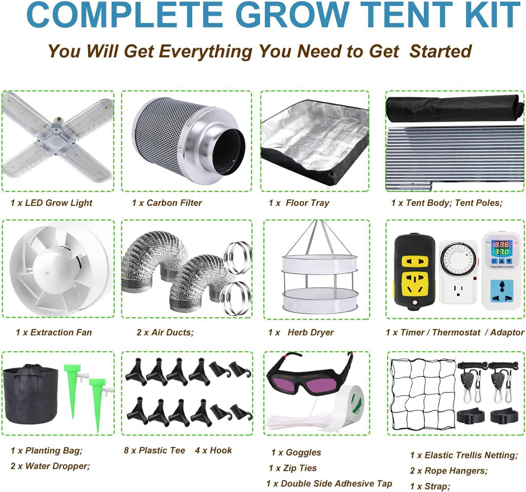 Grow Tent Kit Complete System High Reflective Mylar Indoor Grow Tent Hydroponics Growing Tent with Full Spectrum LED