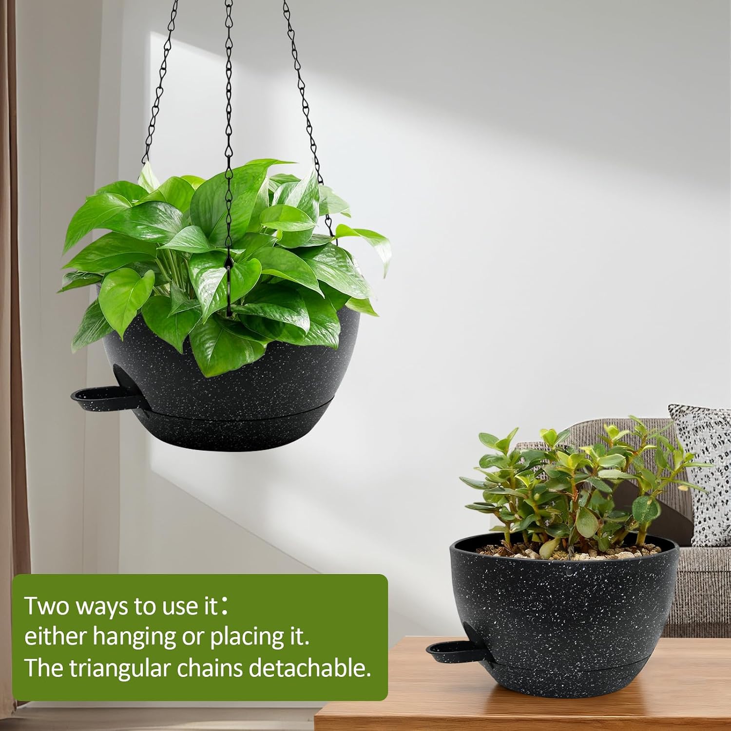 WOUSIWER Self Watering Hanging Planters, 2 Pack 10'' Plastic Pots with Drainage Holes & Reservoir Tray (Speckled Black)