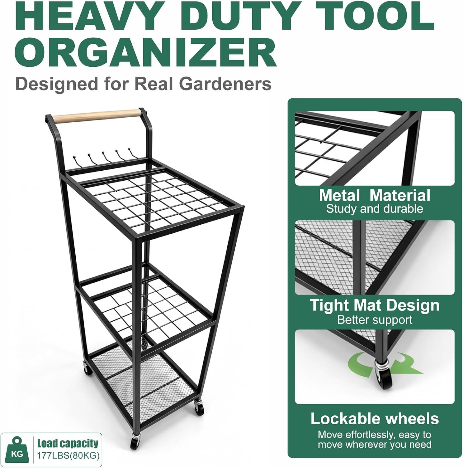Garden Tool Organizer with Wheels 3 Tier Yard Tool Organizer Rack with Side Storage Pockets Sturdy Metal Steel Holder