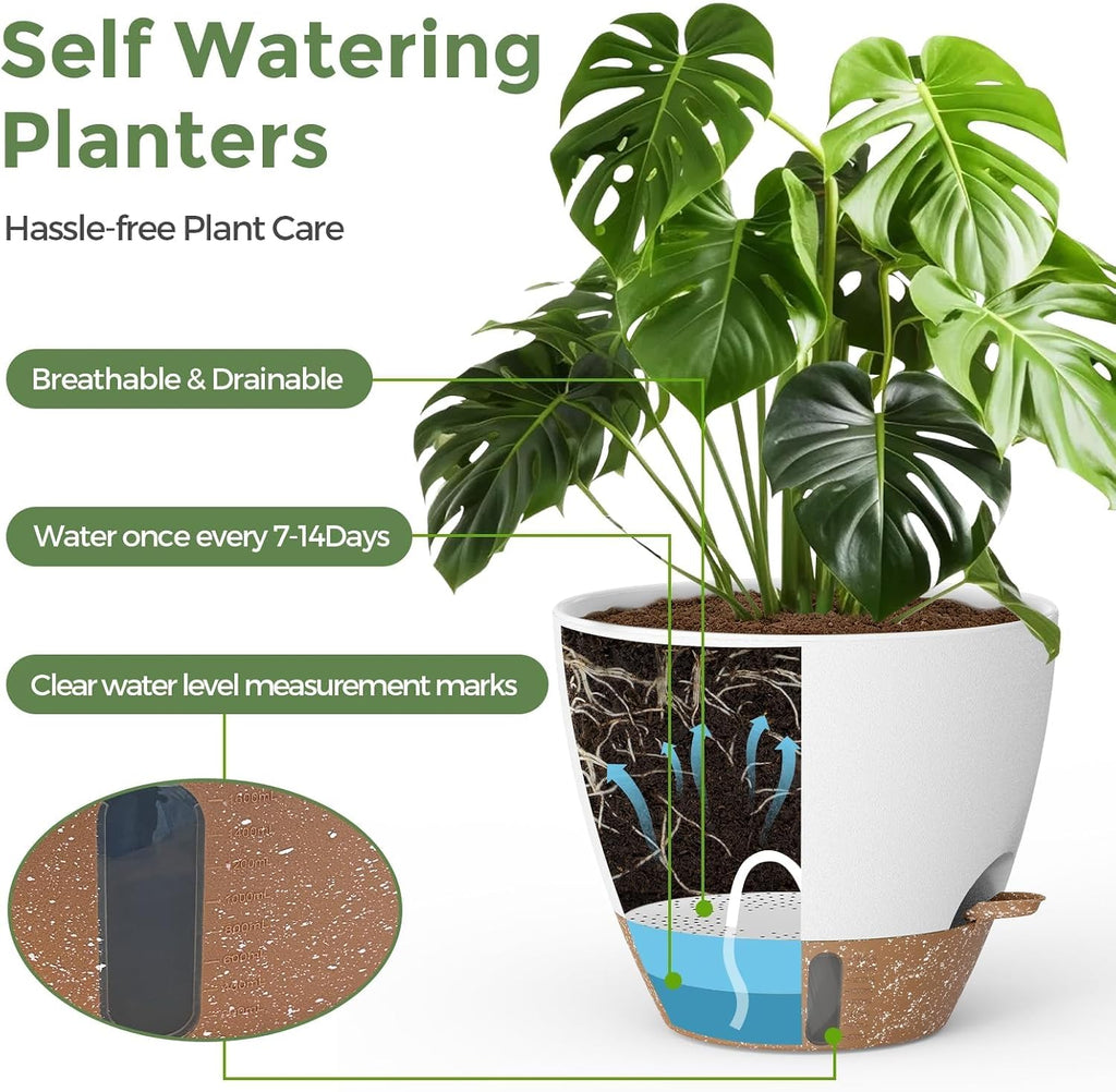 Plant Pots, 12" 10" 6" 8" Inch Self Watering Pots with Water Level Indicator, Set of 5 Flower Pots Indoor with Drainage
