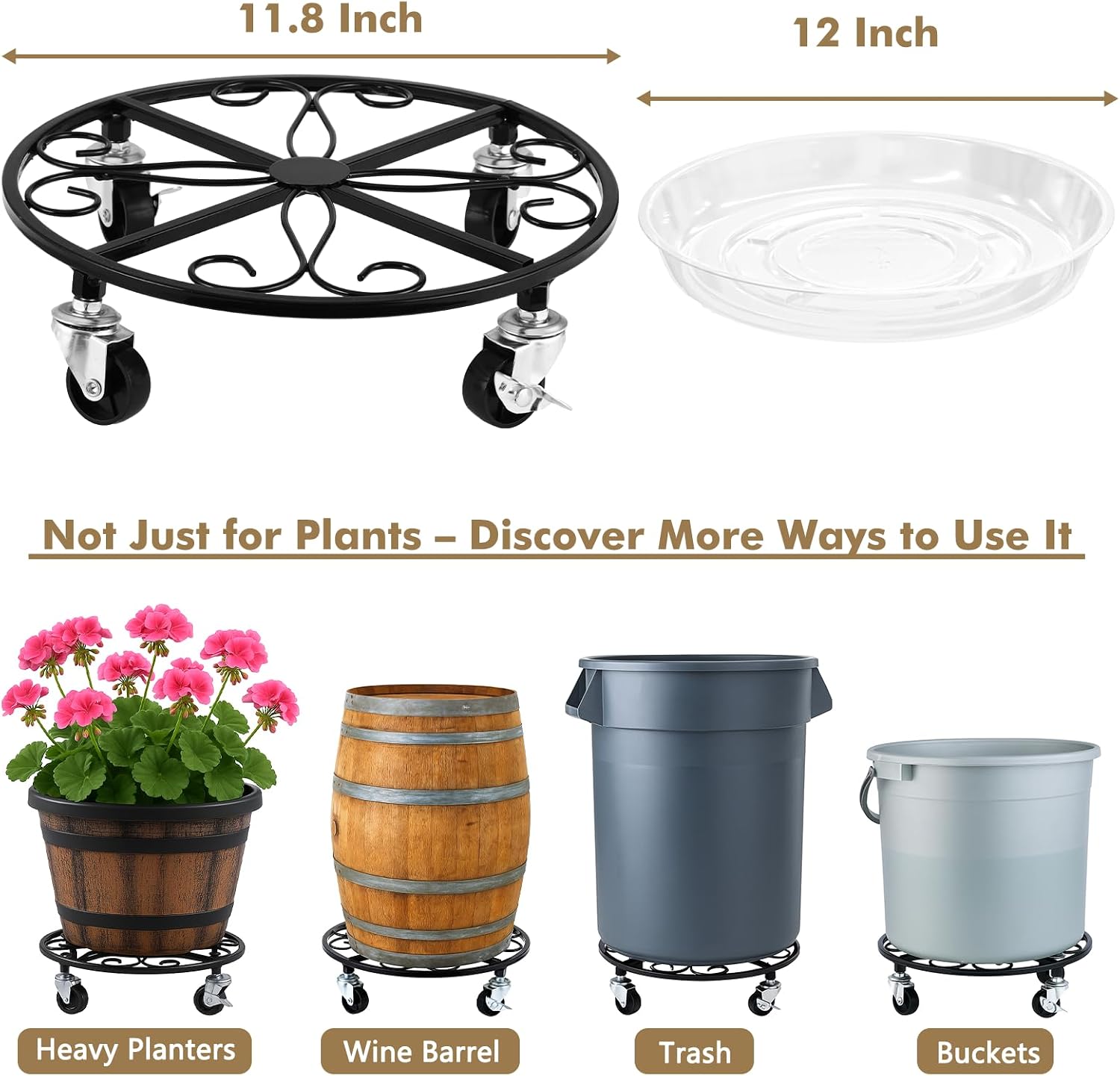 6 Pack Plant Caddy with Wheels 11.8 Inch Rolling Plant Stand for Large Plants Heavy Duty Plant Rollers Metal Plant