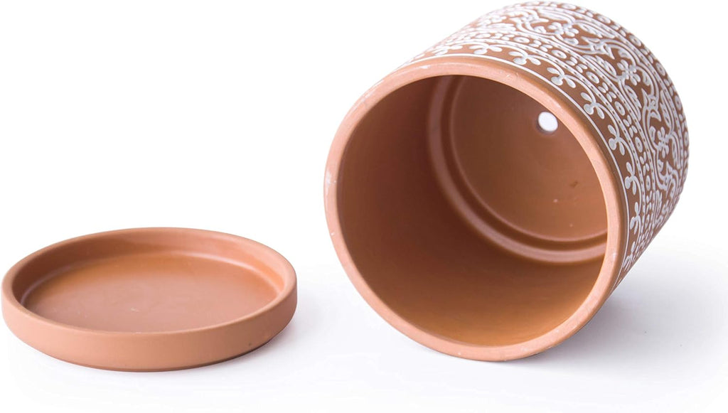 D'vine Dev 2-Pack Terracotta Pots, 4/6 in, Terra/White, 31-958-F-1 | Hand-Painted Pattern, Natural Clay Texture