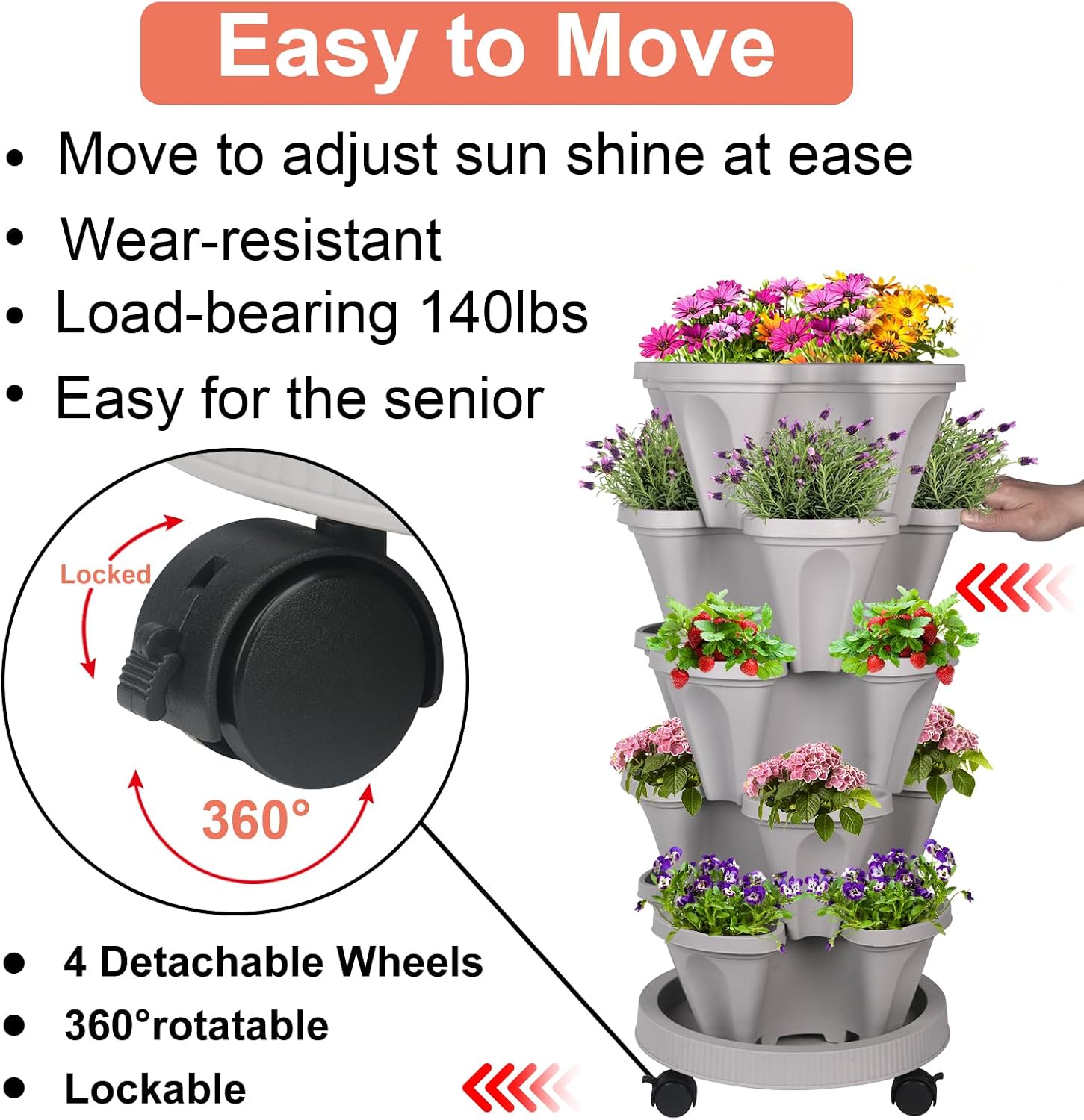 GameXcel Vertical Planter Tower - 5 Tier Stackable Garden Planters with Wheels and Tools Plant Pots for Strawberry Herb