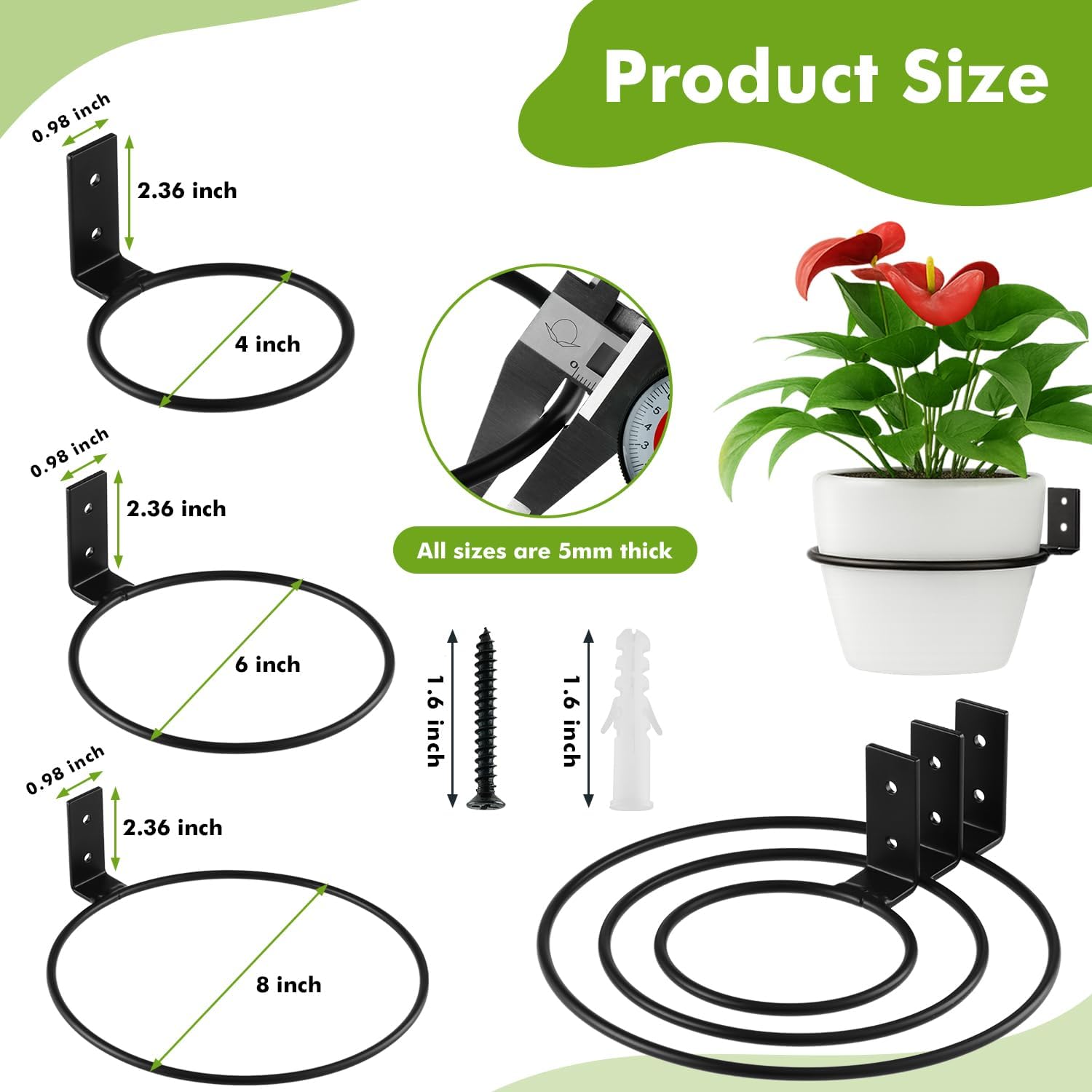 9-Pack 4/6/8 Inch Flower Pot Holder Ring Wall Mounted Metal Flower Pot Hangers Wall Hanger Bracket Rings Black Planter