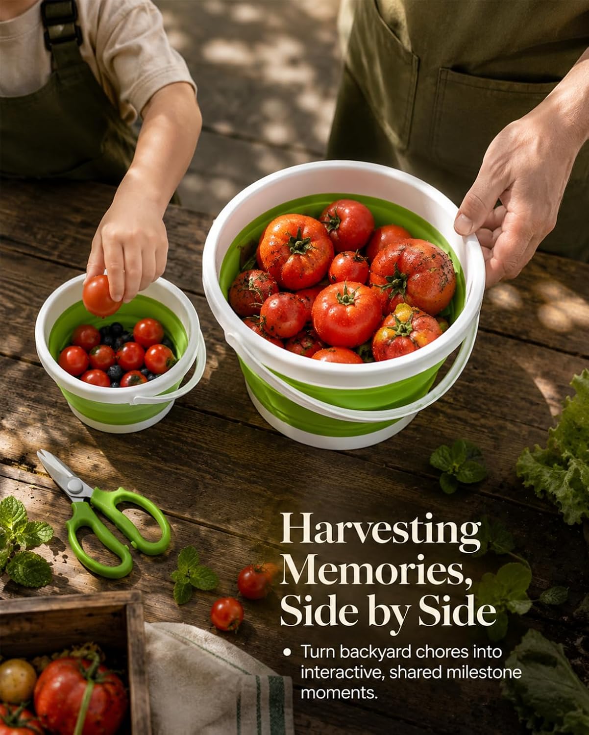 Garden Baskets for Gathering Vegetables Family Harvest Set | Adult and child aprons, collapsible picking baskets, and