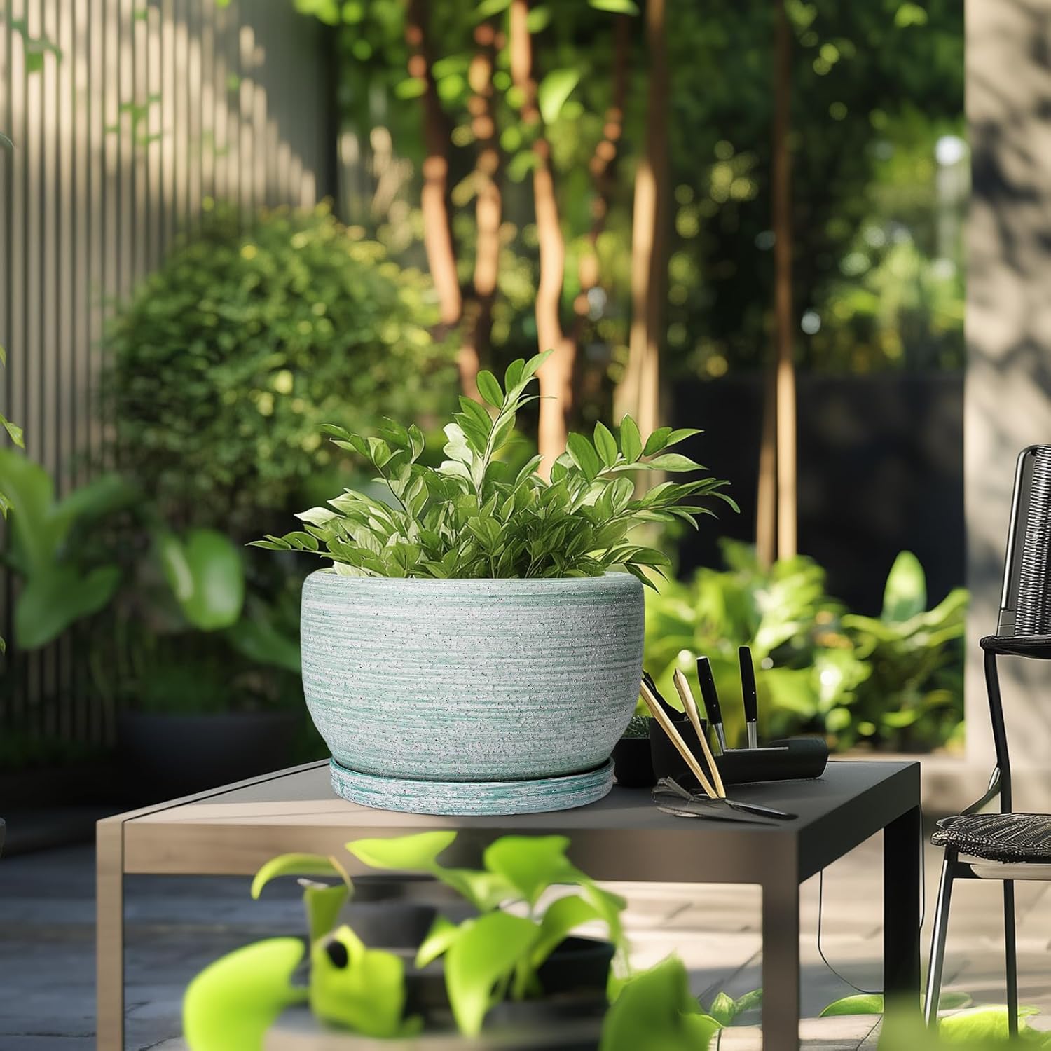 SQOWL Ceramic Pots for Plants - 10 Inch Ceramic Planter for Indoor Outdoor, Modern Round Flower Pot with Drainage Hole