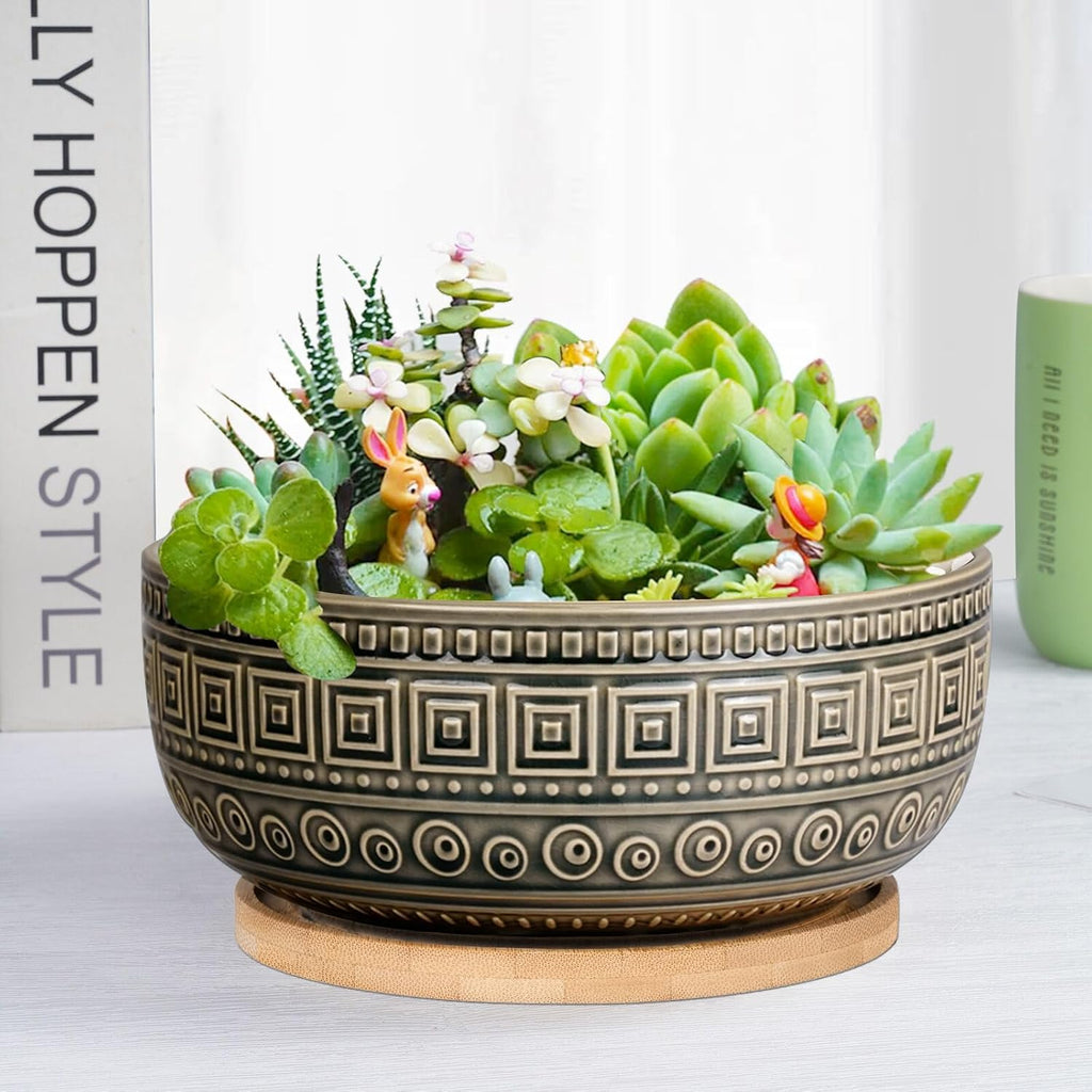 G EPGardening 8 Inch Ceramic Succulent Planter Pots Round Shallow Bonsai Planter Pot for Indoor Plants with Drainage